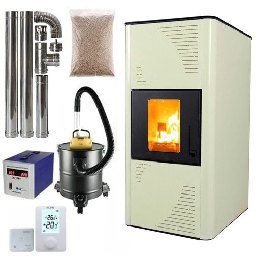 Pachet termosemineu cu peleti Termax Kamin PM 15 kW, 120 mp, buncar peleti 30 kg, volum apa 30 litri, diametru cos fum ⌀80 mm, vas expansiune si pompa recirculare incluse, Bej