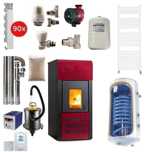 Pachet termosemineu pe peleti Termax Kamin ECO, 25 kW, 160 mp, buncar peleti 45 kg, volum apa 42 litri, diametru cos fum ⌀80 mm, Boiler Termoelectric 120 litri, Elementi Aluminiu + Accesorii Montaj