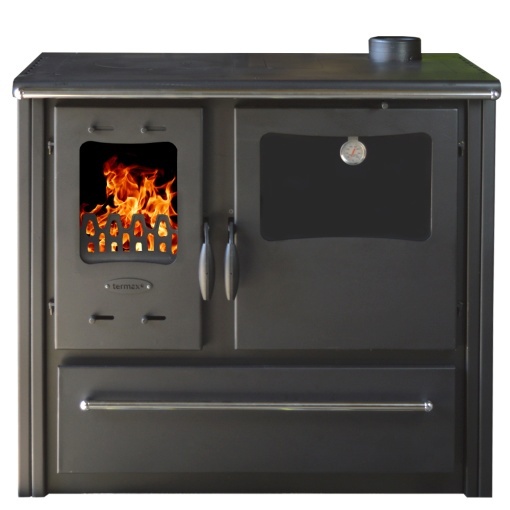 Soba pe lemn Termax Rustik, Fonta, 9.5 kW, evacuare pe dreapta, cuptor integrat, randament 76.1%, 63 m², Bordo