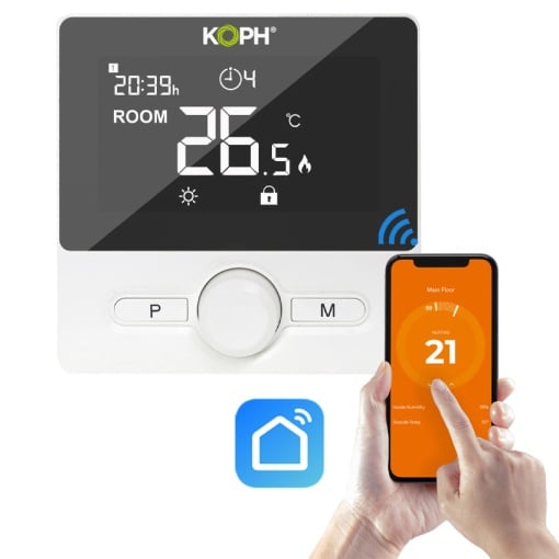 Termostat inteligent KOPH WT-25 pentru centrale termice, WIFI, control prin aplicatie, montaj pe perete sau birou, Alb