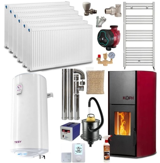Pachet termosemineu cu peleti KOPH PM 25 kW Fiama, 170 mp, buncar peleti 25 kg, diametru cos fum ⌀80 mm, pompa recirculare si vas expansiune incorporate, Bordo, Calorifere, Boiler termoelectric