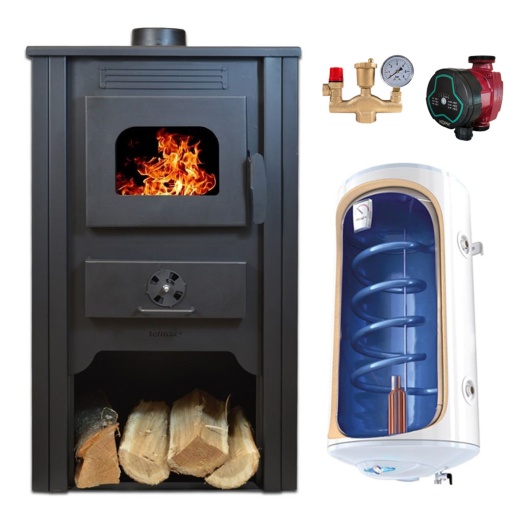 Pachet Termosemineu pe lemn Termax Alma, 11.52 kW, randament 85.59%, 75 m², Bordo, Grup siguranta, Pompa recirculare si Boiler termoelectric Tesy 80 litri
