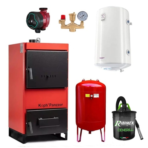 Pachet centrala/Cazan pe lemn/carbuni KOPH Panzzer 52 kW/60 kW cu regulator de tiraj inclus, Ø 160 mm, volum manta apa 100 litri, Pompa recirculare, Vas expansiune 50 litri, Boiler termoelectric
