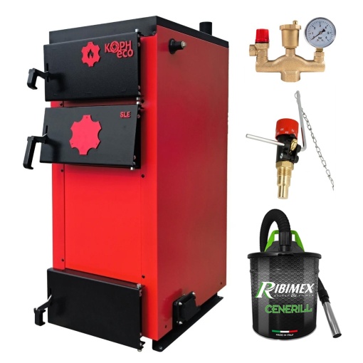 Pachet Centrala/Cazan pe lemn KOPH ECO 50 kW, cu ardere standard, 300 mp, volum manta apa 95 litri, diametru cos fum ⌀179 mm, randament 86%, Grup Siguranta KOPH, Regulator de Tiraj Honeywell