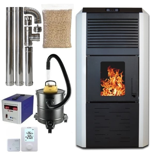 Pachet termosemineu cu peleti Termax Kamin ECO, 30 kW, 220 mp, buncar peleti 55 kg, volum apa 49 litri, diametru cos fum ⌀80 mm, vas expansiune si pompa recirculare incluse, Alb