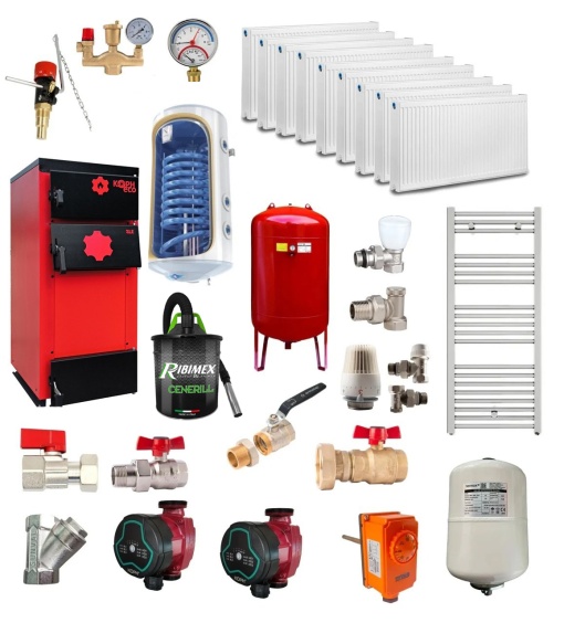Pachet Centrala/Cazan pe lemn KOPH ECO 40 kW, cu ardere standard, 250 mp, volum manta apa 91 litri, diametru cos fum ⌀179 mm, randament 86%, Boiler termoelectric, Pompe recirculare, Vas expansiune, Calorifere