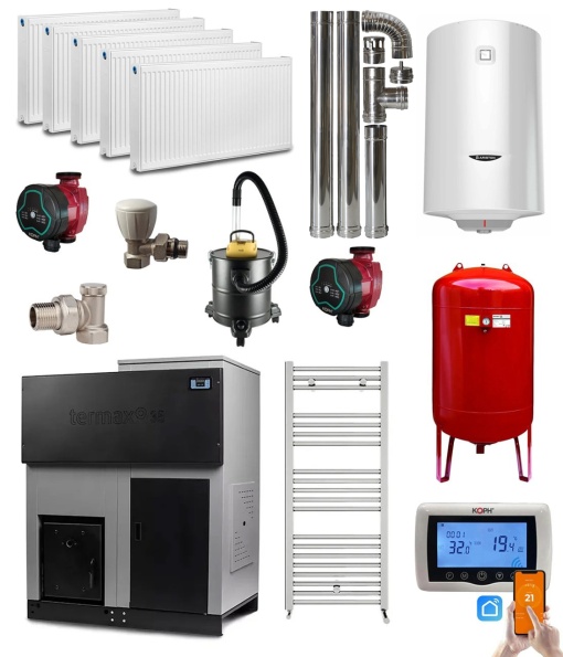 Pachet centrala cu peleti Termax ECO GRI 35 kW, 220 mp, buncar peleti 130 kg, volum apa 95 litri, diametru cos fum ⌀80 mm, Calorifere, Pompe Recirculare, Boiler termoelectric 100 litri, Vas expansiune 50 litri, Termostat inteligent KOPH CT 99