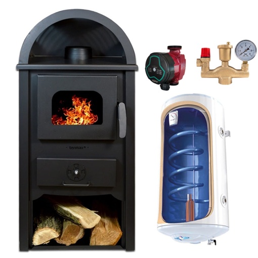 Pachet Termosemineu pe lemn Termax Faurar, 11.52 kW, randament 85.59%, 75 m², Negru, Grup siguranta, Pompa recirculare si Boiler termoelectric Tesy 80 litri