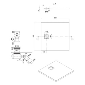 Cadita de dus patrata Tako, S932-166, acril, negru mat, sifon inclus - Img 3