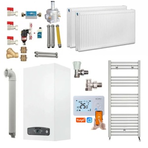 Pachet apartament cu 1 camera, centrala termica in condensare Ariston Cares S 24 kW, Calorifere, Termostat Inteligent, Set robineti tur/retur, Kit evacuare inclus si Kit complet armaturi montaj