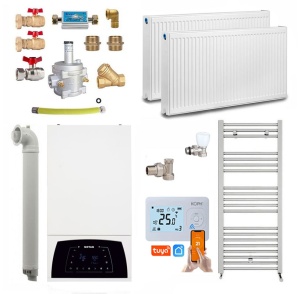 Pachet apartament cu 1 camera, centrala termica pe gaz in condensare 25 kW, Motan Condens Plus 100 25 C38GC25V1XP4, +2 ani Extra Garantie, Calorifere, Termostat inteligent WIFI KOPH, Set robineti tur/retur, Kit evacuare inclus si Kit armaturi montaj