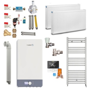 Pachet apartament cu 1 camera, centrala termica pe gaz in condensare Fondital Antea Next KC 26 kW, Calorifere, Termostat Inteligent, Set robineti calorifere, Kit evacuare inclus si Kit complet armaturi montaj