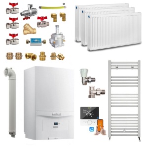 Pachet apartament cu 2 camere, centrala termica pe gaz in condensare Vaillant ecoTEC pure VUW 286/7-2, 26.1 kW, Termostat inteligent, Set robineti, Calorifere, Kit evacuare inclus si Kit complet armaturi montaj