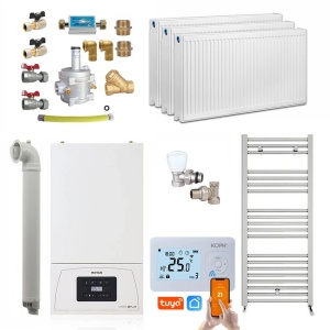 Pachet apartament cu 2 camere, centrala termica pe gaz in condensare Motan Condens KPlus C38GC20V1, 20 kW, Calorifere, Termostat Wireless, Set robineti tur/retur, Kit evacuare inclus si Kit complet armaturi montaj