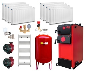 Pachet centrala/cazan pe lemn KOPH ECO 35 kW, cu ardere standard, 210 mp, volum manta apa 87 litri, diametru cos fum ⌀179 mm, Calorifere, Vas expansiune, Pompe recirculare