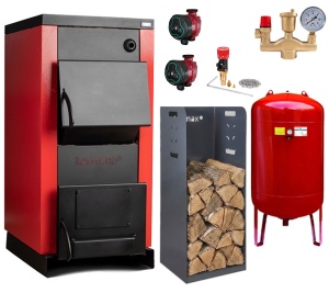 Pachet Centrala/Cazan pe lemn Termax 25 kW, cu ardere standard, volum manta apa 75 litri, grup siguranta, pompa recirculare, regulator de tiraj, vas expansiune, cutie depozitare lemn