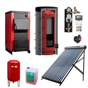 Pachet Centrala/Cazan pe lemn Termax 35 kW, cu ardere standard, volum manta apa 105 litri + Rezervor acumulare KOPH VTA1 cu 2 serpentine, 750 litri + Colector solar cu 24 tuburi vidate, Termax + Grup pompare Herz, G 1", 6 bar + Vas expansiune 80 litri