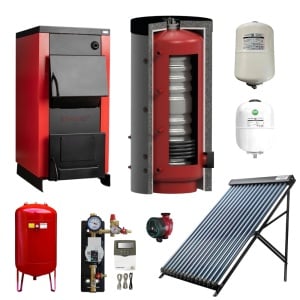 Pachet Centrala/Cazan pe lemn Termax 40 kW, cu ardere standard, volum manta apa 120 litri + Puffer/Rezervor acumulare "tank-in-tank" KOPH + 3 Colectoare solare cu 24 tuburi + Grup pompare HERZ, G 1", 6 bar + Vas expansiune 100 litri, Termax