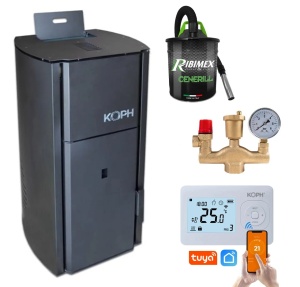 Pachet centrala cu peleti KOPH PM 30 kW, 200 mp, buncar peleti 30 kg, diametru cos fum ⌀80 mm, manta apa 30 litri, pompa recirculare si vas expansiune incorporate, Termostat inteligent KOPH i302, Grup de siguranta, Aspirator cenusa