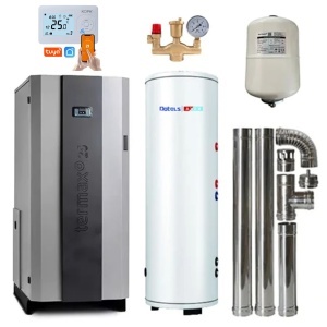 Pachet centrala cu peleti Termax Compact 25 kW, 170 mp, buncar peleti 75 kg, volum apa 60 litri, diametru cos fum ⌀80 mm, vas expansiune si pompa recirculare incluse, Boiler stativ cu serpentina marita 2 in 1 ACM & Buffer, Grup siguranta