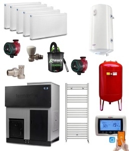 Pachet centrala cu peleti Termax ECO GRI 35 kW, 220 mp, buncar peleti 130 kg, volum apa 95 litri, diametru cos fum ⌀80 mm, Calorifere, Pompe Recirculare, Boiler termoelectric 100 litri, Vas expansiune 50 litri, Termostat inteligent KOPH CT 99