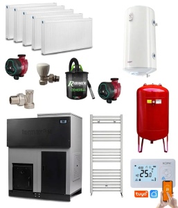 Pachet centrala cu peleti Termax ECO GRI 35 kW, 220 mp, buncar peleti 130 kg, volum apa 95 litri, diametru cos fum ⌀80 mm, Calorifere, Pompe Recirculare, Boiler termoelectric 100 litri, Vas expansiune 50 litri, Termostat inteligent KOPH
