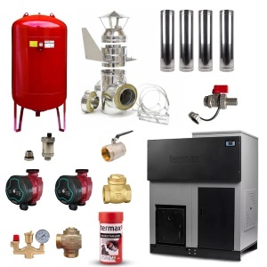 Pachet centrala cu peleti Termax ECO GRI 70 kW, 440 mp, buncar peleti 205 kg, volum apa 200 litri, diametru cos fum ⌀120 mm, Vas expansiune, Cos fum exterior 4 m, Accesorii