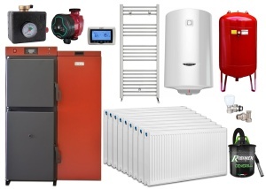 Pachet centrala mixta lemn/pelet Termax Tera 40 kW, 265 mp, buncar peleti 120 kg, volum manta apa 100 litri, diametru cos Ø120 mm, Termostat ambiental KOPH CT99, Calorifere, Robineti, Pompa recirculare, Boiler termoelectric 100 litri, Grup siguranta