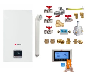 Pachet centrala termica pe gaz/GPL in condensare Saunier Duval ThemaFast Condens 31 kW, debit 14.8 l/min, protectie IPX4D, Kit evacuare, Kit armaturi, Termostat inteligent KOPH CT99