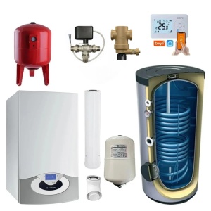 Pachet Centrala termica pe gaz in condensare Ariston Genus Premium EVO HP 45 kW, doar incalzire, Kit de evacuare inclus, Vas expansiune, Boiler stativ 200 litri, Vana amestec 3 cai, Servomotor vana, Termostat KOPH I302, Vas expansiune sanitar