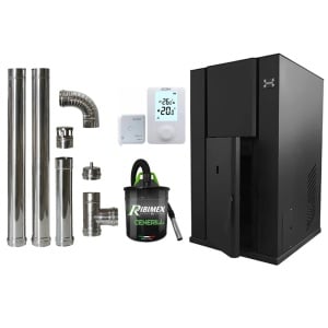 Pachet economic - Centrala peleti KOPH PM 35 KW, 230 mp, buncar peleti 80 kg, diametru cos fum ⌀100 mm, pompa recirculare si vas expansiune incorporate, Termostat KOPH 303RF + Aspirator cenusa 1000W + Cos fum inox de interior ⌀100 mm