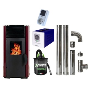 Pachet economic - Soba pe peleti KOPH PD 10 kW, cu aer cald, buncar peleti 12 kg, 60 mp, Bordo + Sursa KOPH + Aspirator cenusa + Cos fum inox de interior ⌀80 mm