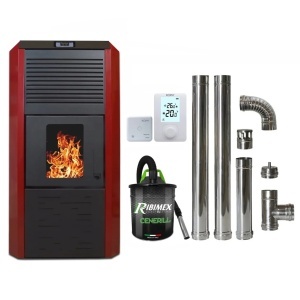 Pachet economic - Termosemineu cu peleti Termax Kamin ECO, 30 kW, 220 mp, buncar peleti 55 kg, diametru cos fum ⌀80 mm, vas expansiune si pompa recirculare incluse, Bordo + Termostat KOPH 303RF + Aspirator cenusa 1000W + Cos fum inox de interior ⌀80 mm
