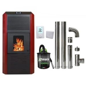 Pachet economic - Termosemineu cu peleti Termax Kamin ECO, 30 kW, 220 mp, buncar peleti 55 kg, diametru cos fum ⌀80 mm, vas expansiune si pompa recirculare incluse, Bordo + Termostat inteligent + Aspirator cenusa 1000W + Cos fum inox de interior ⌀80 mm