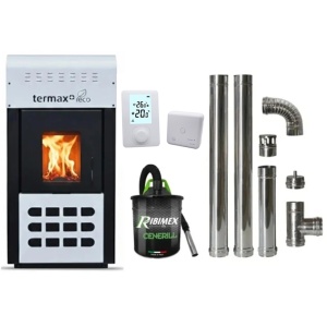 Pachet economic - Termosemineu pe peleti Termax Kamin ECO, 25 kW, 160 mp, buncar peleti 45 kg, diametru cos fum ⌀80 mm, vas expansiune si pompa recirculare incluse, Alb + Termostat inteligent + Aspirator cenusa 1000W + Cos fum inox de interior ⌀80 mm