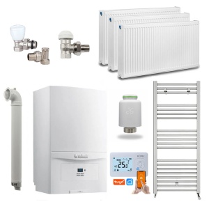 Pachet Economie si Eficienta - Centrala termica pe gaz/GPL in condensare Vaillant ecoTEC pure VUW 236/7-2, 20.2 kW, incalzire si ACM, Kit de evacuare inclus, calorifere, robineti tur/retur, cap termostatic Wi-Fi si termostat inteligent KOPH I302