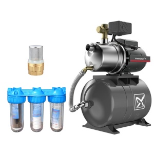 Pachet hidrofor Grundfos JP 5-48 PT-H, 1390 W, debit nominal 5 m³/h, rezervor 20 litri, Set 3 filtre ALFAKAL 10", pentru apa, nylon, bumbac si carbune activ, racord 1" si Supapa de sens cu sorb sita 1"
