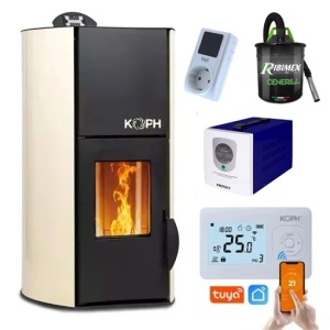 Pachet Smart Control - Termosemineu cu peleti KOPH PM 18 kW, 120 mp, buncar 15 kg, diametru cos fum ⌀80 mm, pompa recirculare si vas expansiune incorporate, Crem + Termostat inteligent KOPH I302 WiFi + Aspirator cenusa 1000W + Sursa KOPH 500 W + Stecher