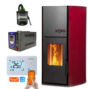 Pachet Smart Control - Termosemineu pe peleti KOPH PM 12 kW, 80 mp, buncar peleti 12 kg, diametru cos fum ⌀80 mm, pompa recirculare si vas expansiune incorporate + Termostat inteligent KOPH I302 WiFi + Aspirator cenusa 1000W + Stabilizator tensiune