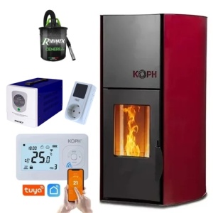 Pachet Smart Control - Termosemineu pe peleti KOPH PM 12 kW, 80 mp, buncar peleti 12 kg, diametru cos fum ⌀80 mm, pompa recirculare si vas expansiune incorporate + Termostat inteligent KOPH I302 WiFi + Aspirator cenusa 1000W + Sursa KOPH + Stecher