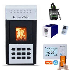 Pachet Smart Control - Termosemineu pe peleti Termax Kamin ECO, 25 kW, 160 mp, volum apa 42 litri, vas expansiune si pompa recirculare incluse + Termostat inteligent KOPH I302 WiFi + Aspirator cenusa 1000W + Sursa KOPH 500 W + Stecher