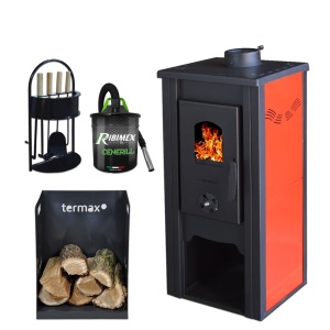 Pachet soba pe lemn Termax Bucur, 6.11 kW, randament 86.49%, 40 m², Rosu, set accesorii, aspirator cenusa si suport lemne foc metalic Termax M
