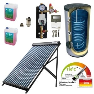 Pachet solar confort Termax 4 persoane T201 - Colector solar cu 20 tuburi vidate echipate cu heat-pipe, control temperatura + Grup pompare si Automatizare + Antigel + Boiler stativ 200 litri cu 2 serpentine Tesy