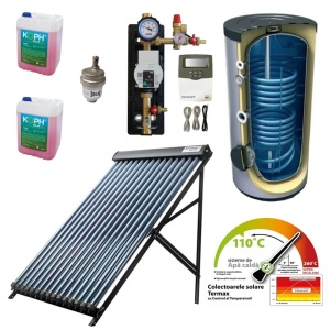 Pachet solar confort Termax 4 persoane T204 - Colector solar cu 24 tuburi vidate echipate cu heat-pipe, control temperatura + Grup pompare si Automatizare + Antigel + Boiler stativ 200 litri cu 2 serpentine Tesy
