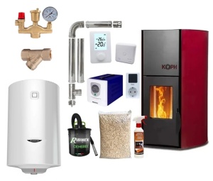 Pachet termosemineu cu peleti KOPH PM 18 kW, 120 mp, buncar 15 kg, diametru cos fum ⌀80 mm, pompa recirculare si vas expansiune incorporate, Grup siguranta, Filtru Y si Boiler termoelectric, Sursa KOPH 700 W + Stecher Schuko cu protectie