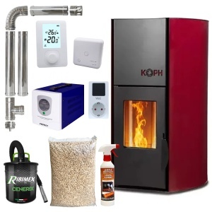 Pachet termosemineu cu peleti KOPH PM 25 kW Fiama, 160 mp, buncar peleti 25 kg, diametru cos fum ⌀80 mm, pompa recirculare si vas expansiune incorporate, Sursa KOPH 700 W + Stecher Schuko cu protectie la joasa si inalta tensiune, Bordo