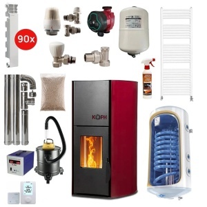 Pachet termosemineu cu peleti KOPH PM 25 kW Fiama, 170 mp, buncar peleti 25 kg, diametru cos fum ⌀80 mm, Boiler Termoelectric 120 litri, Elementi Aluminiu + Accesorii Montaj