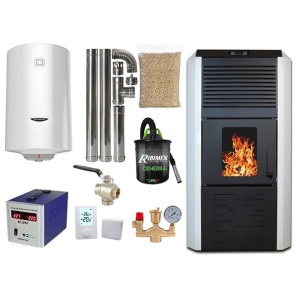 Pachet termosemineu cu peleti Termax Kamin ECO, 30 kW, 220 mp, buncar peleti 55 kg, volum apa 49 litri, diametru cos fum ⌀80 mm, vas expansiune si pompa recirculare incluse, Alb, Grup siguranta si Boiler termoelectric Ariston 100 litri