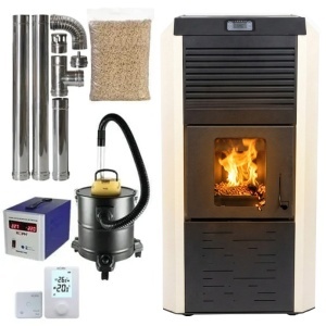 Pachet termosemineu cu peleti Termax Kamin ECO, 30 kW, 220 mp, buncar peleti 55 kg, volum apa 49 litri, diametru cos fum ⌀80 mm, vas expansiune si pompa recirculare incluse, Crem