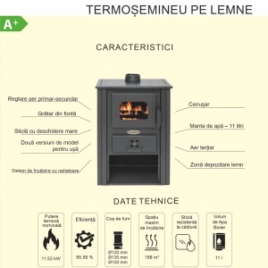 Pachet Termosemineu pe lemn Termax Decebal, 11.52 kW, randament 85.59%, 75 m², Maro, Grup siguranta, Pompa recirculare si Boiler termoelectric Tesy 80 litri - Img 8